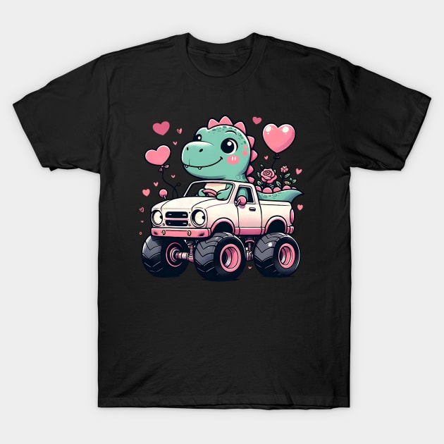 Cute Girls Kids Valentines Day Dinosaur Riding Monster Truck T-Shirt by jadolomadolo